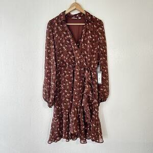 Eva Mendes NY&Co M Floral Chiffon Wrap Dress Ruffle Tie Long Sleeve